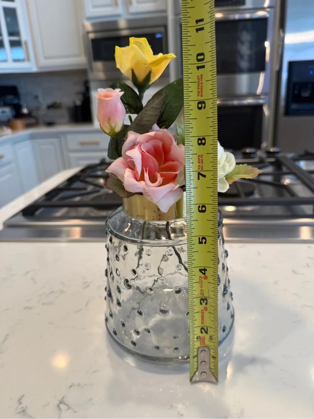 Faux Rose Floral Arrangement Textured Glass Vase Gold Rim Cottage Decor